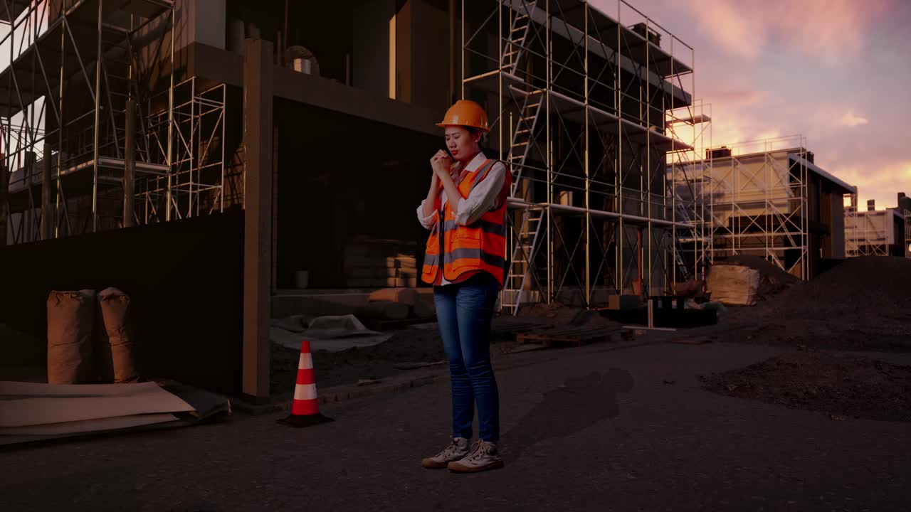 Full Body Side View Of Asian Female Engineer With Safety Helmet Pray For Something While Standing At Construction Site in Progress to New House