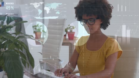 Animation-of-statistical-data-processing-over-african-american-woman-using-computer-at-office