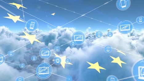 red de iconos digitales sobre la bandera de la ue contra las nubes en el cielo azul