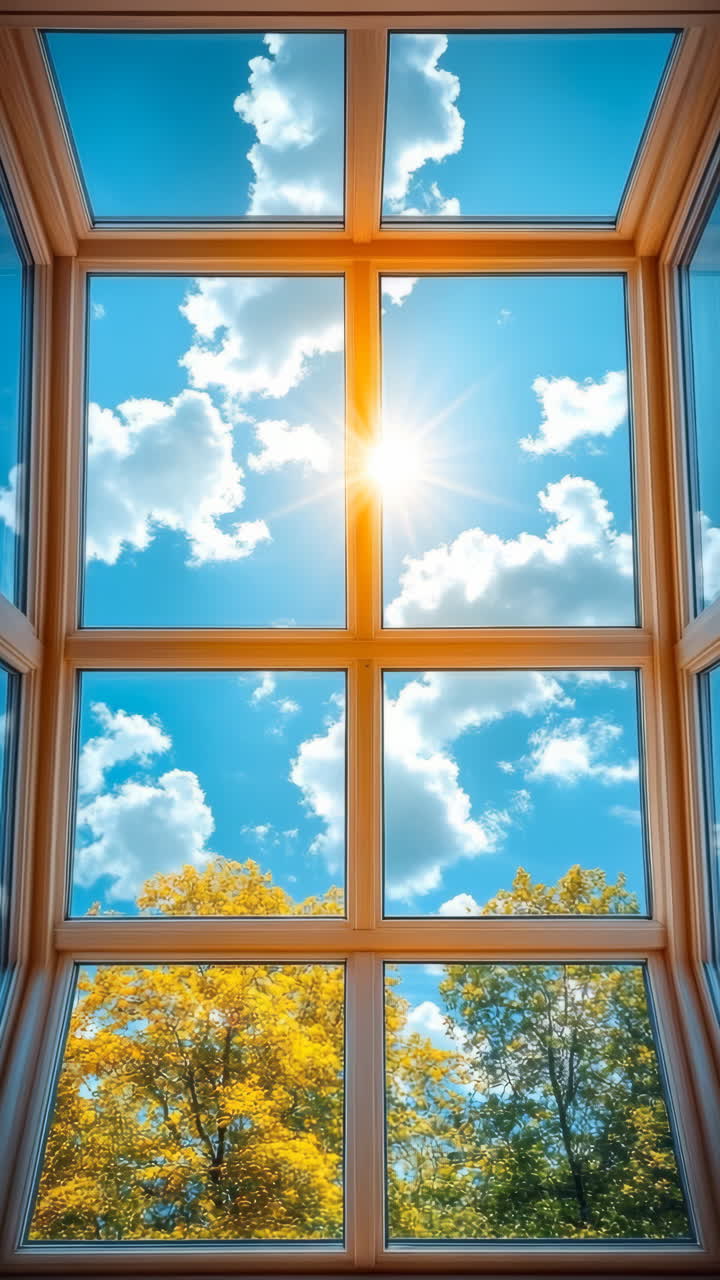 Sunlight through a bright window. Sunlight pours into a room through a large window, illuminating autumn leaves and a clear blue sky filled with clouds.