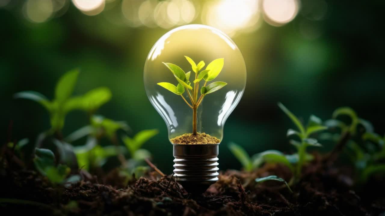 Video ravvicinato di una lampadina con una pianta all'interno, che simboleggia l'innovazione eco-compatibile
