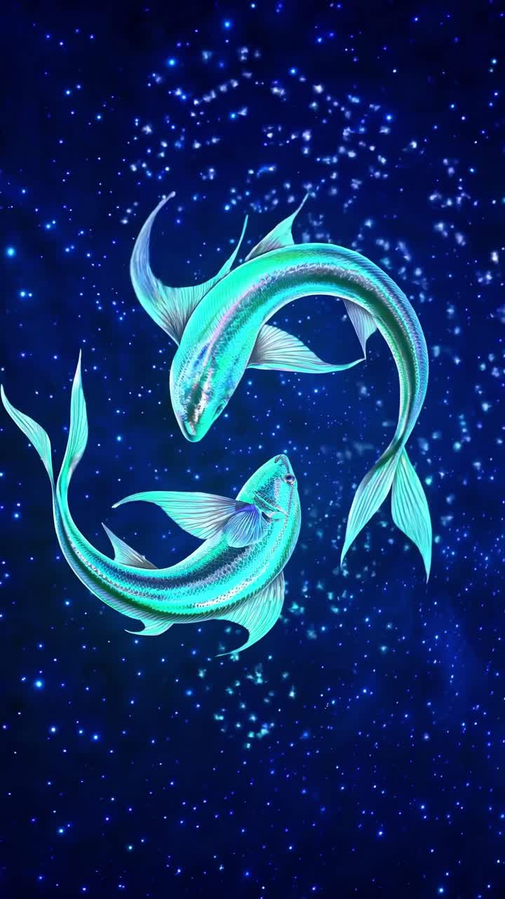 Two luminous fish swim in a cosmic sea of stars, captured from a top-down angle