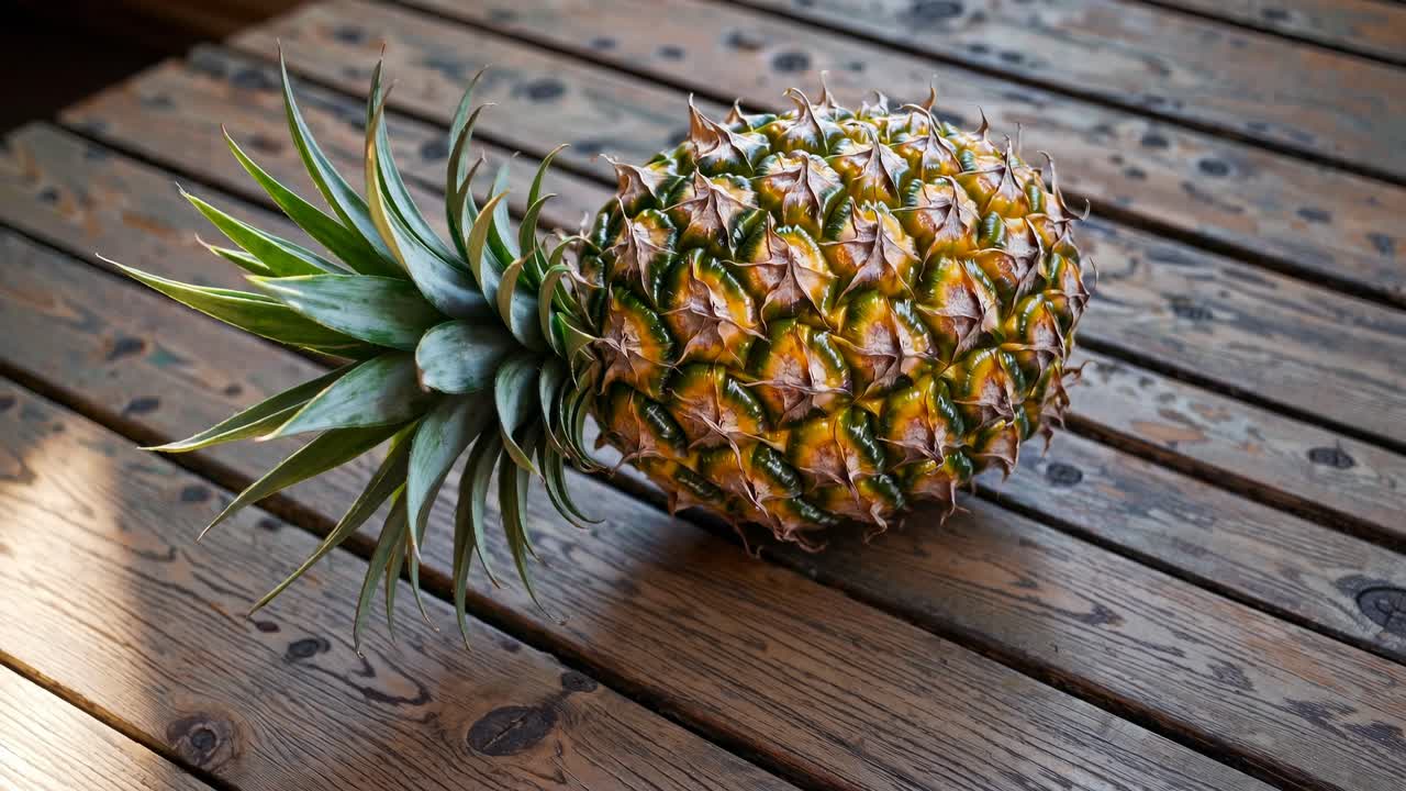 A rustic video shot of a pineapple on a wooden table, captured from a low angle