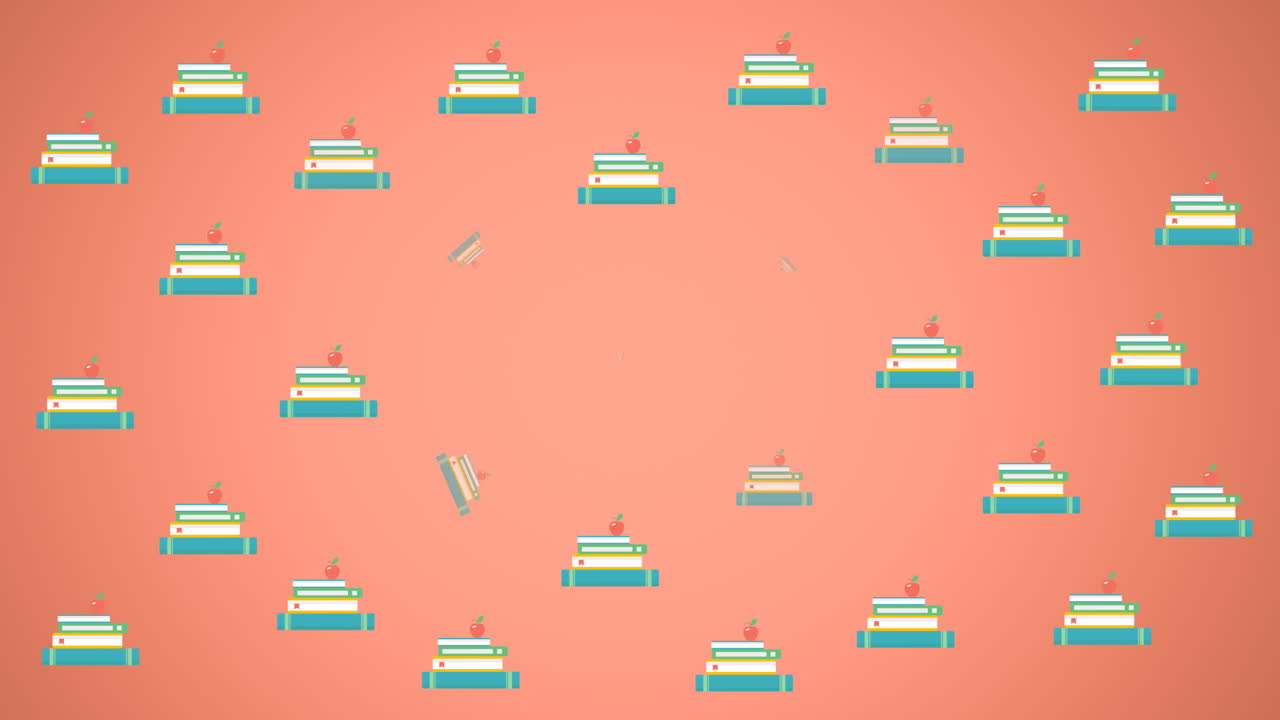 Digital animation of multiple pencils and stack of books against orange background