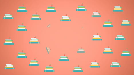 digital animation of multiple pencils and stack of books against orange background