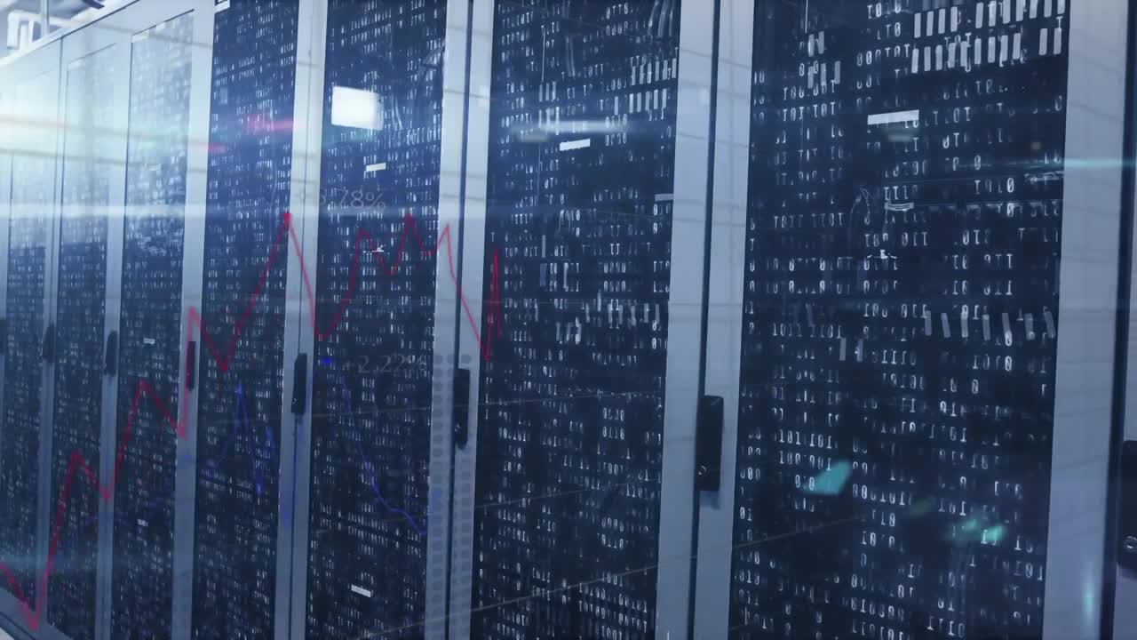 Animation of data processing over tech room with computer servers