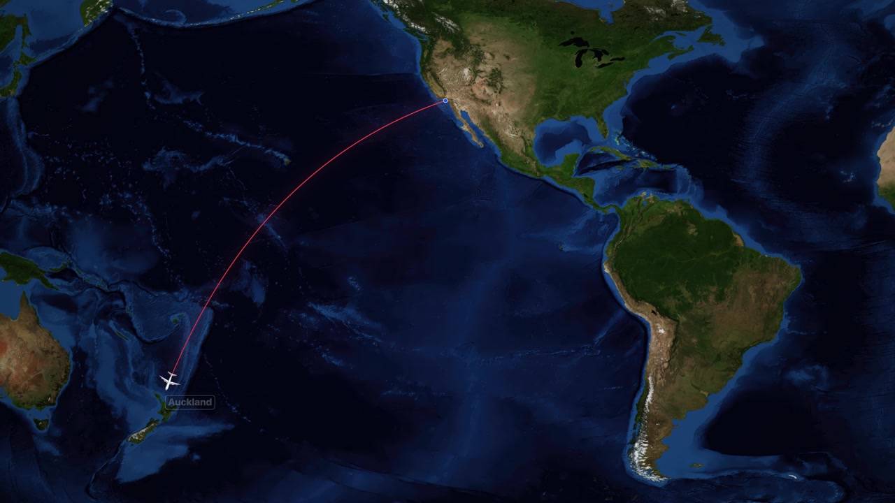 Airplane Flying Route from Los Angeles to Auckland on World Map