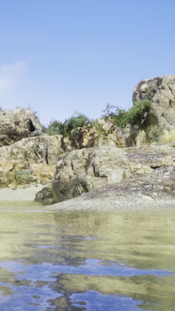 Beautiful serene beach with rocky cliffs under a clear blue sky