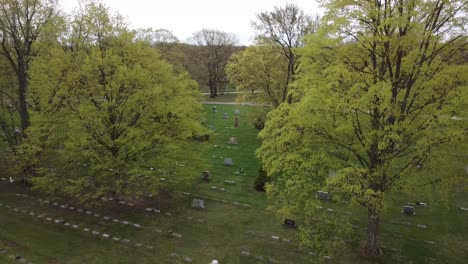 cemetery-drone-aerial-footage-Grand-Rapids-Michigan-with-green-foliage-and-trees