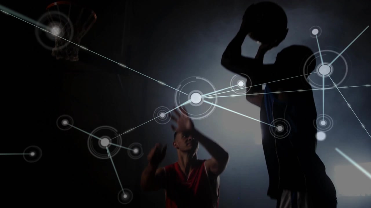 Two male basketball players contesting hazy court, shooter lifting ball to score, overlay expanding