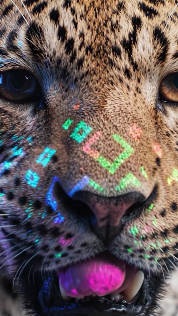 Un intrigante primo piano del volto di un maestoso leopardo, arricchito da motivi colorati, che mostra le sue caratteristiche uniche e le texture dettagliate del pelo.