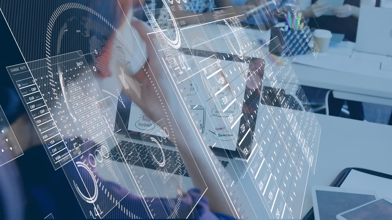 Animation of numbers and data processing over business people using electronic devices