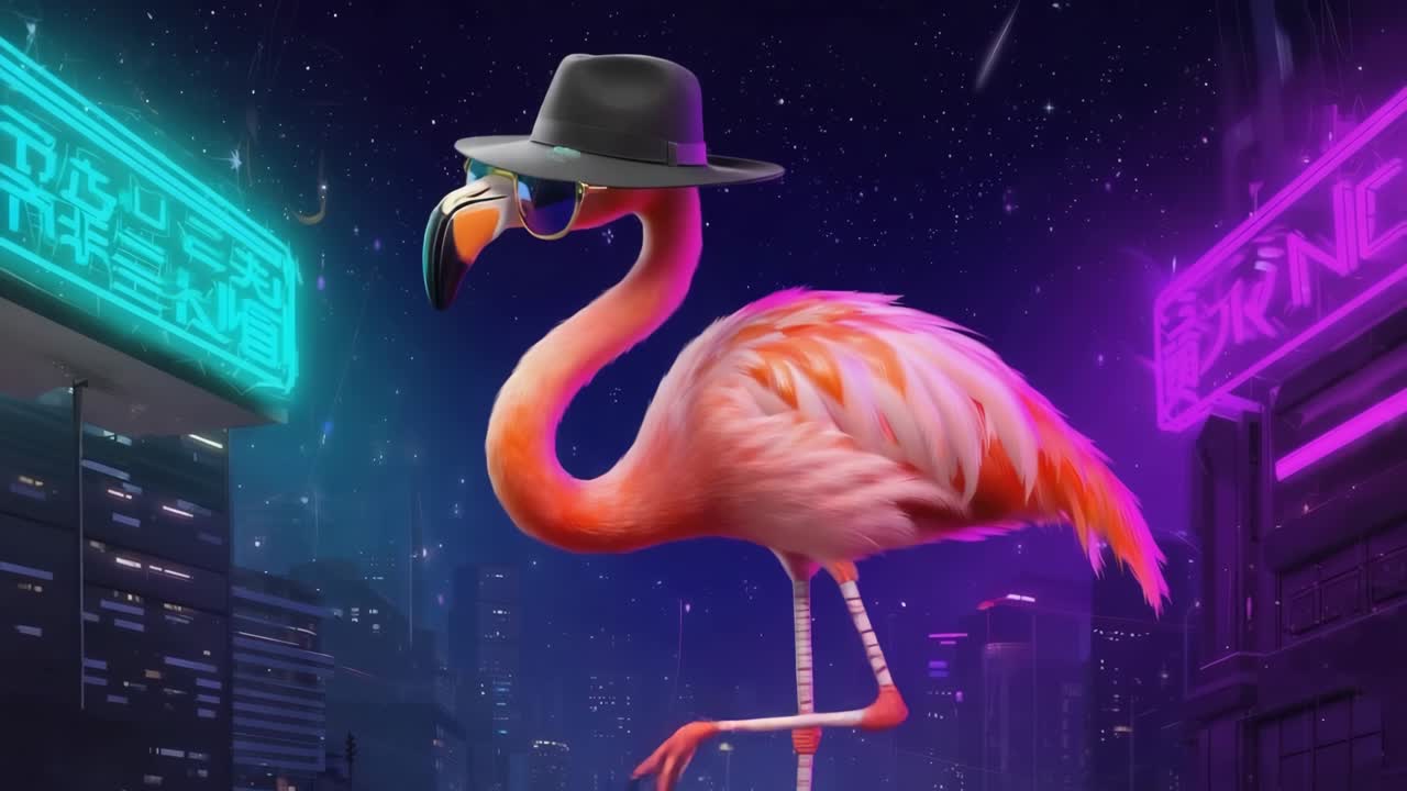 Flamingo in a cyberpunk city