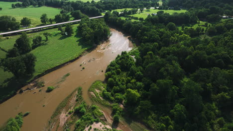 Aerial-View-Of-Illinois-River-And-Lush-Forest-Trees-In-Western-Arkansas,-United-States