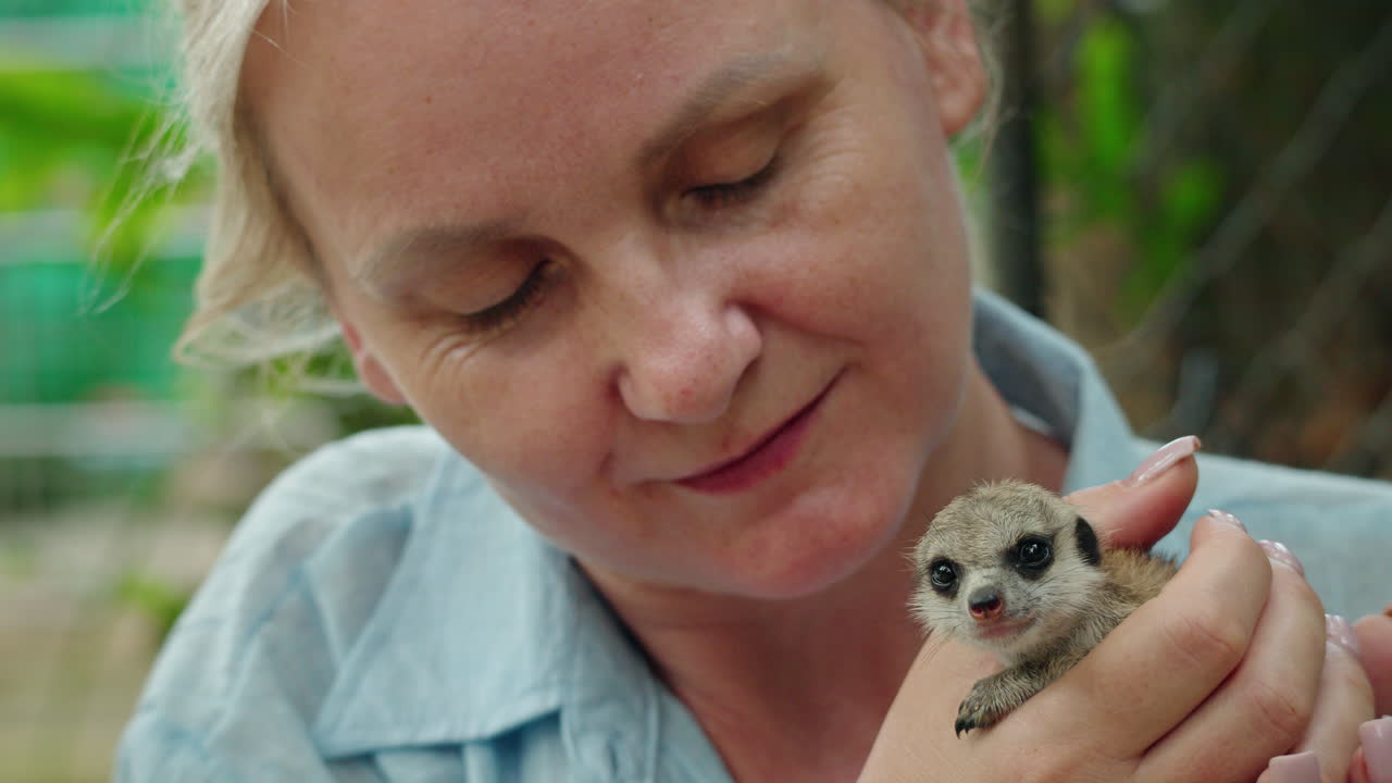 Mulher segurando um suricate fofo