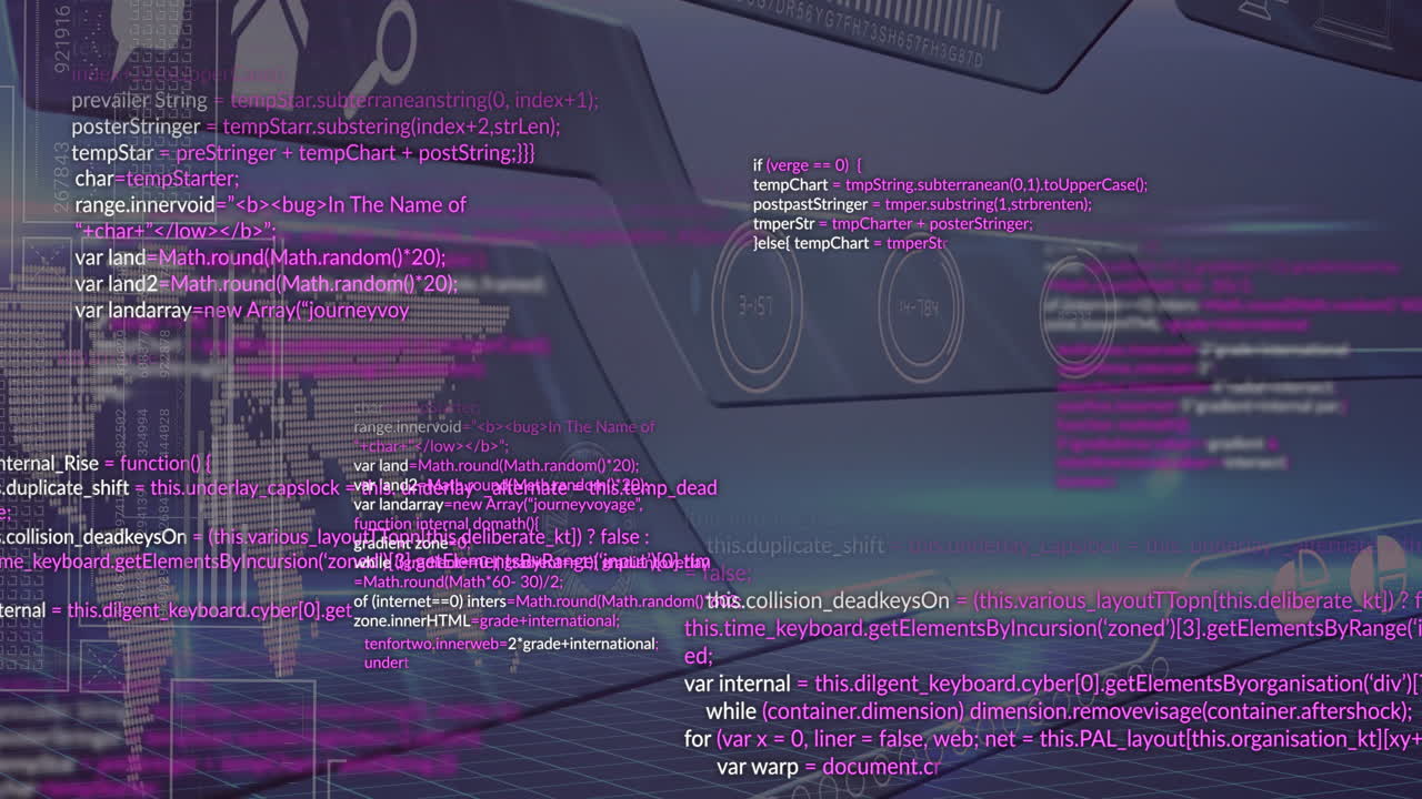 Animation of futuristic digital interface with computer code and data visualization