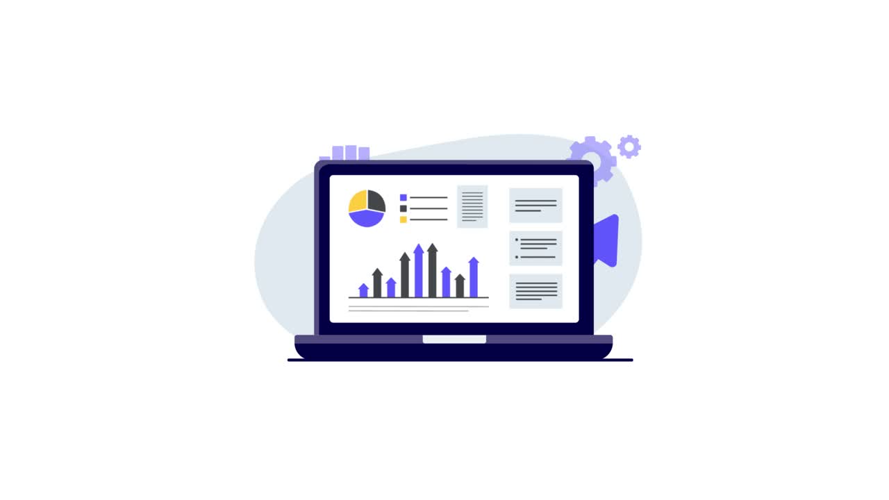 Animated Laptop Screen Displaying Data Analysis and Business Growth