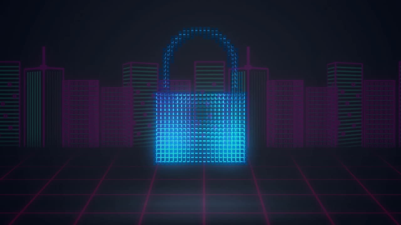 Animation of digital padlock, cloud and shield over grid background