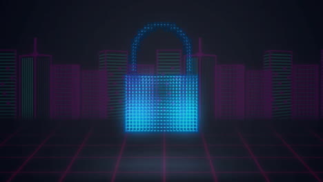 Animation of digital padlock, cloud and shield over grid background