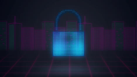 animation of digital padlock, cloud and shield over grid background