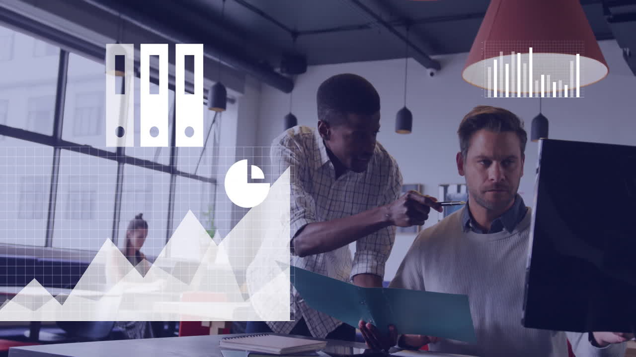 Analyzing data charts and graphs, business professionals collaborating in modern office