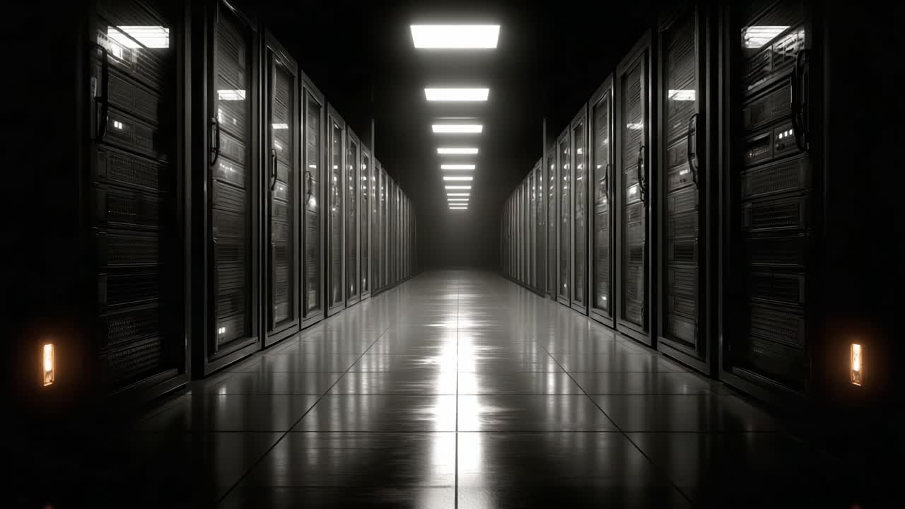 En panoramaudsigt over en moderne datacenterkorridor med rækker af serverracks belyst af loftslamper, der skaber en højteknologisk atmosfære.