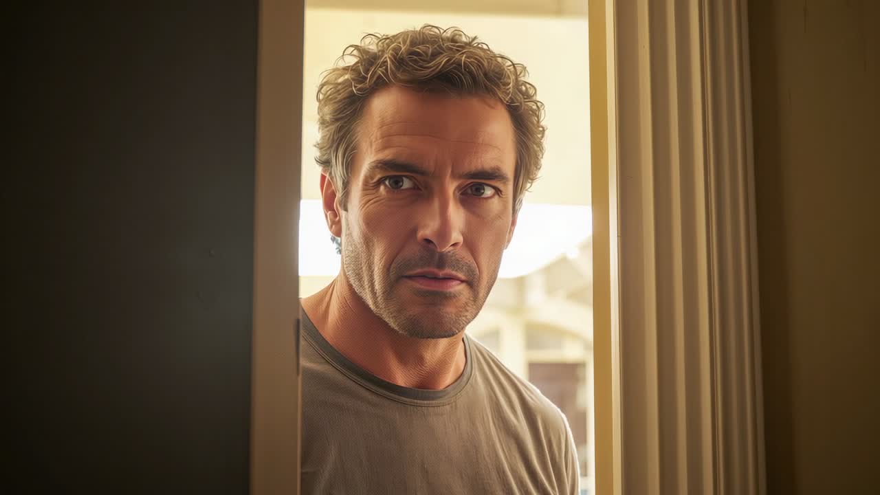 Peering adult man in gray t-shirt listening and squinting at home's front doorway in bright light