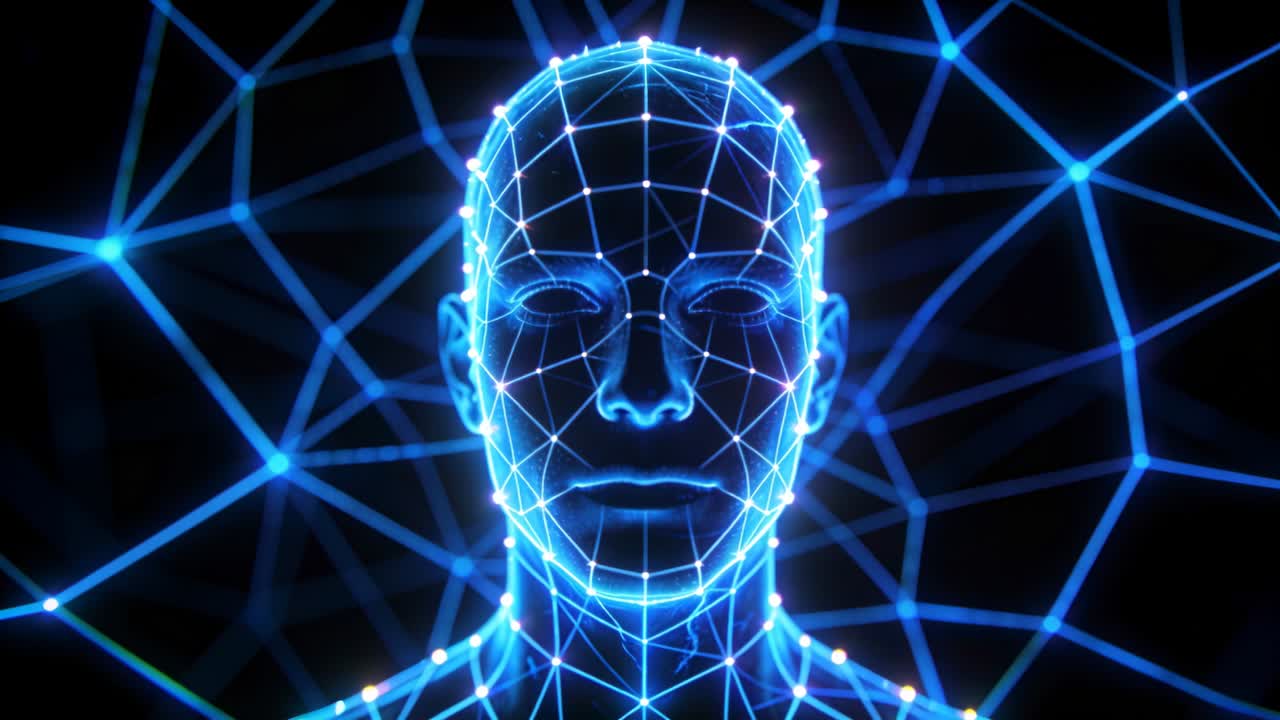 Testa e busto a rete blu luminosa e pulsante che si illuminano mentre i nodi pulsano, segnalando l'attivazione nella rete dati.