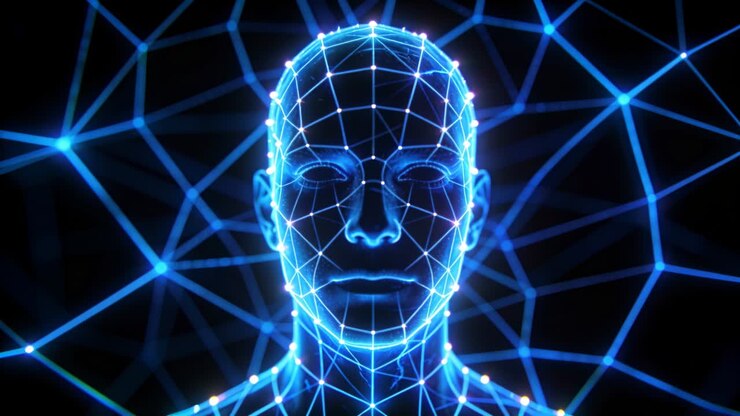 Testa e busto a rete blu luminosa e pulsante che si illuminano mentre i nodi pulsano, segnalando l'attivazione nella rete dati.