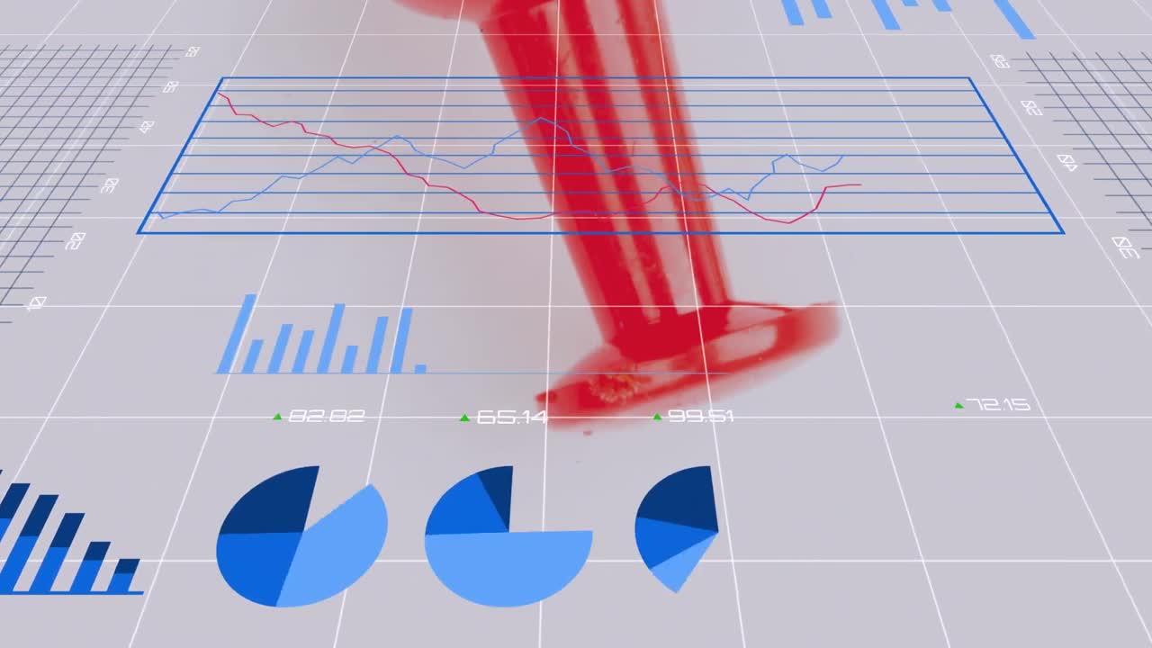 빨간 물체 위에 숫자를 바꾸는 여러 그래프와 차트를 가진 그리드 패턴의 애니메이션