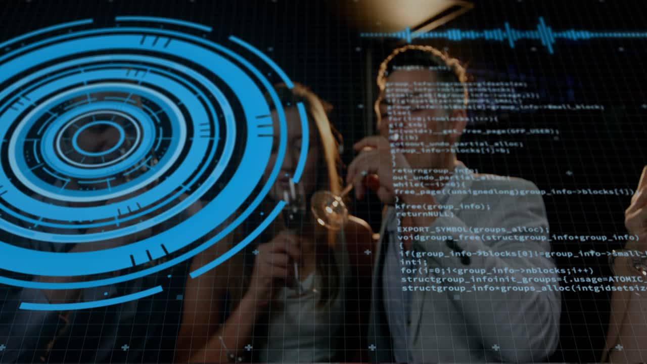 group raising champagne flutes, aligning for toast while tech HUD and code overlay crossing faces