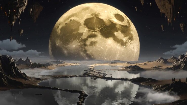 Grande lua cheia nascente projetando luz pálida sobre um lago reflexivo, revelando água com fendas e neblina.