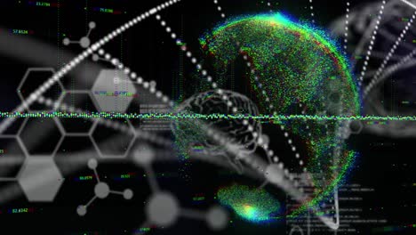Animation-Eines-Diagramms-über-Punkten,-Die-Eine-DNA-Helix-über-Zahlen-Rund-Um-Den-Globus-Auf-Schwarzem-Hintergrund-Bilden