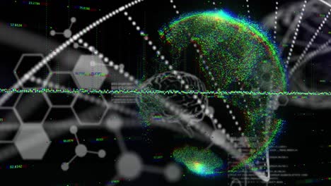 animación del gráfico sobre puntos que forman una hélice de adn sobre números alrededor del globo sobre fondo negro