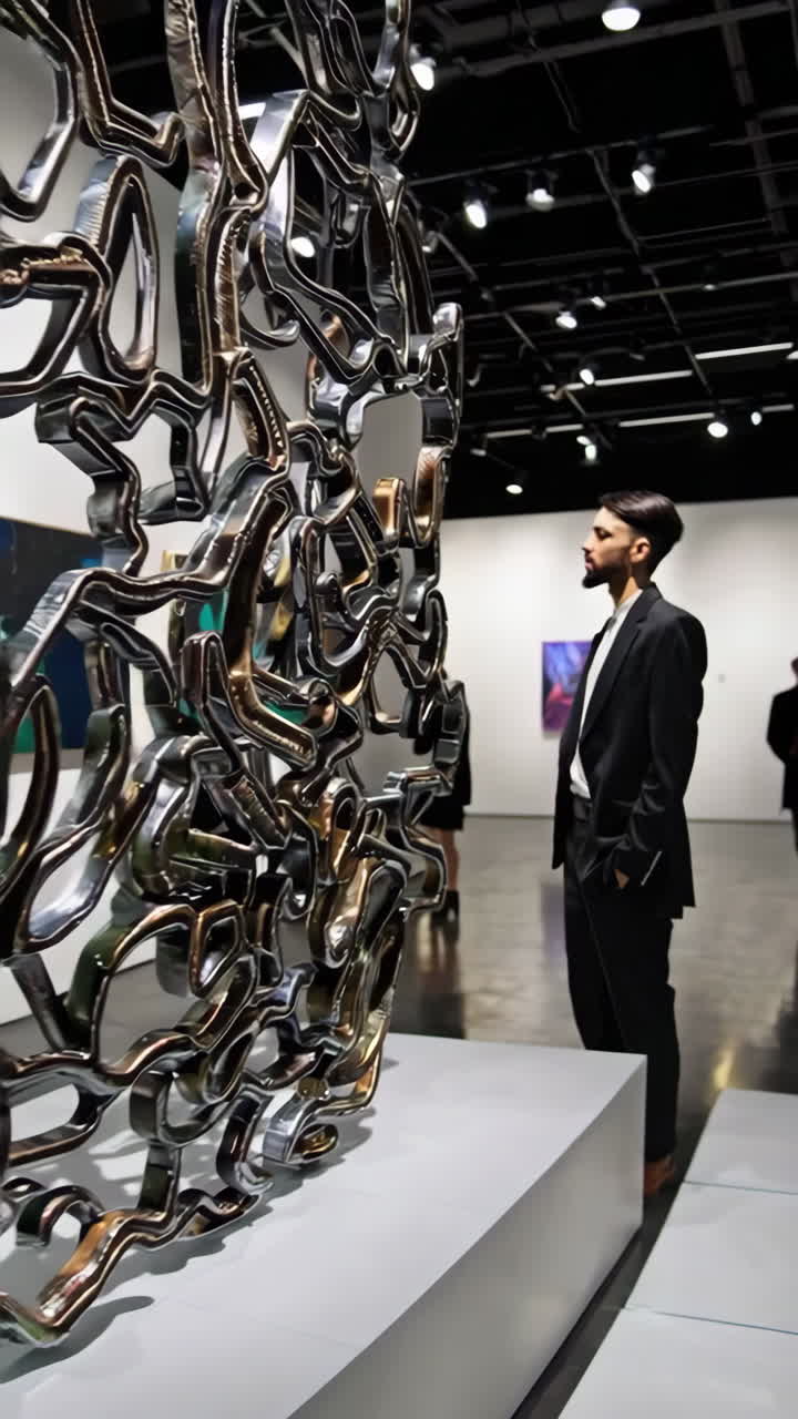 Kunstmuseumudstilling med abstrakt metalskulptur.