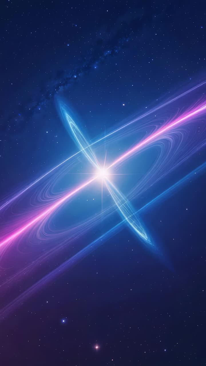 Vertical video: Emerging white-hot core pulsing in space, radiating neon beams and glowing rings