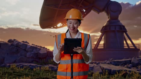 asian female engineer with safety helmet working on a tablet while standing with large satellite dish