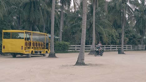 girl-moves-on-modern-scooter-near-bus-on-parking-zone