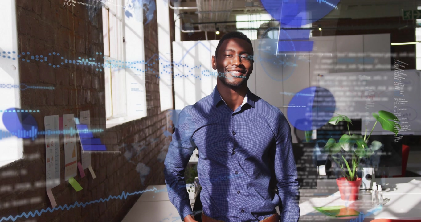 Tech pro extending arm initiating data overlays charts code obscuring torso fading while smiling