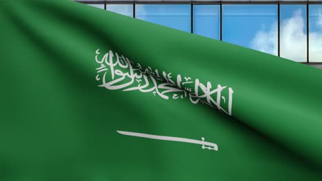 3d illustration kingdom saudi arabia flag waved in modern city. tower ksa