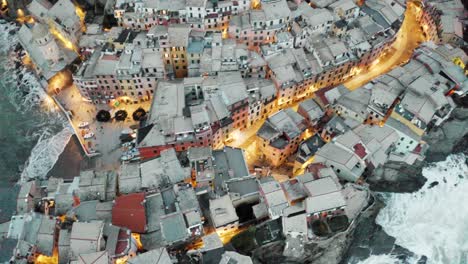 Aerial-view-of-Vernazza,-Cinque-Terre,-at-the-blue-hour