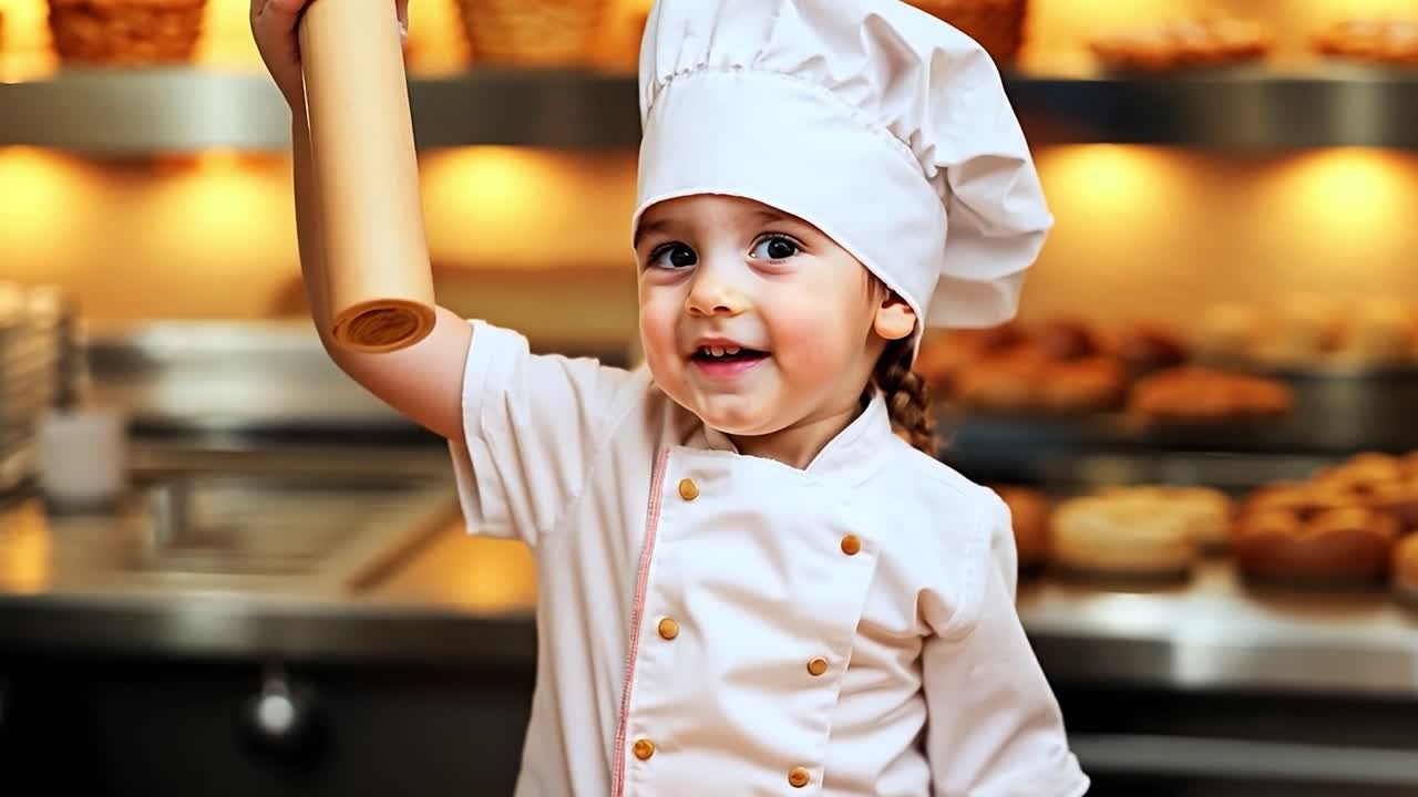 Adorabile piccolo chef sorride e tiene un mattarello