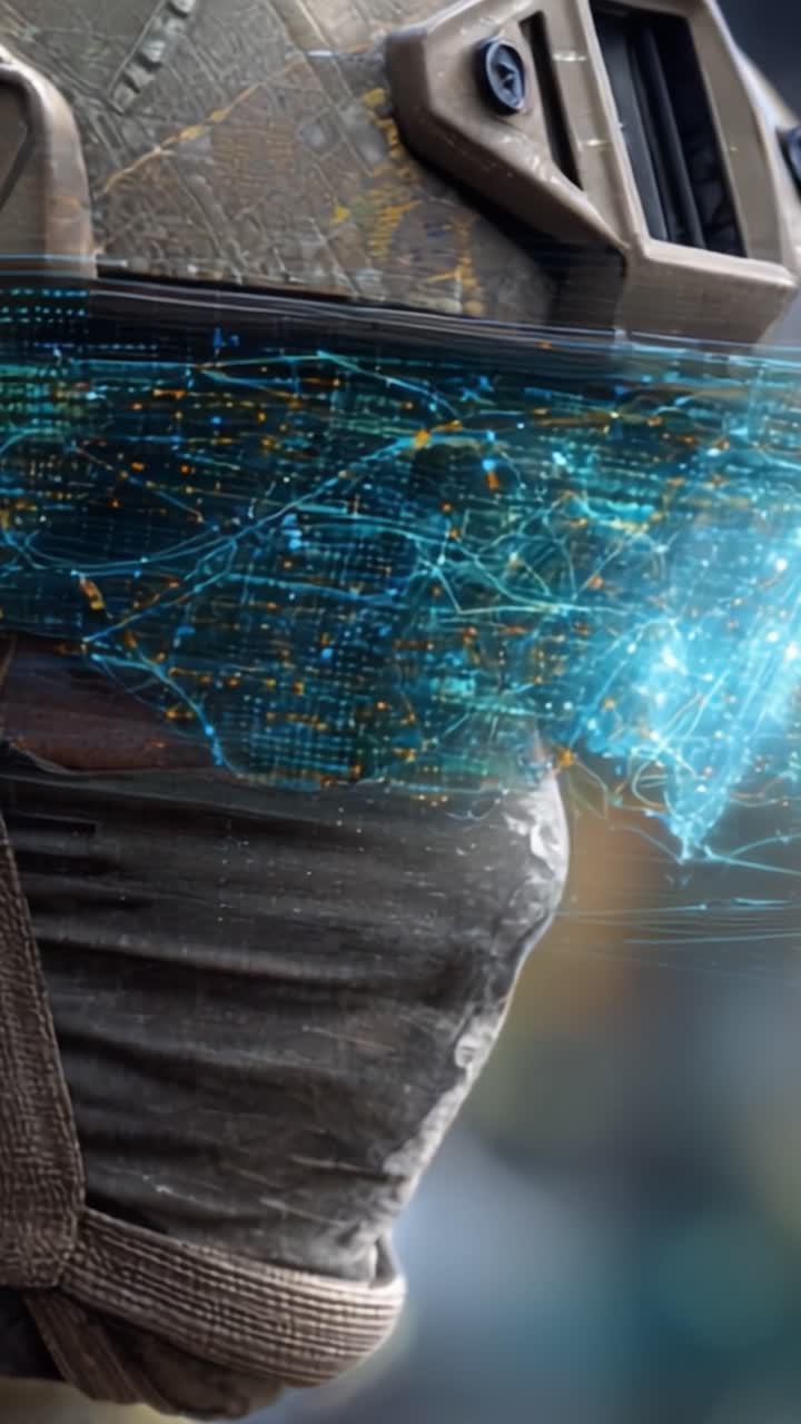 Futuristic Military Soldier Visualizing Data Streams in Augmented Reality with High-Tech Gear and Enhanced Vision Capabilities