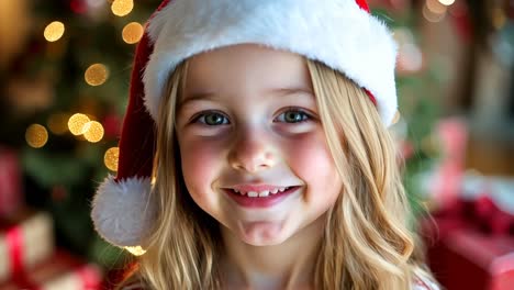 a little girl wearing a santa hat standing in front of a christmas tree