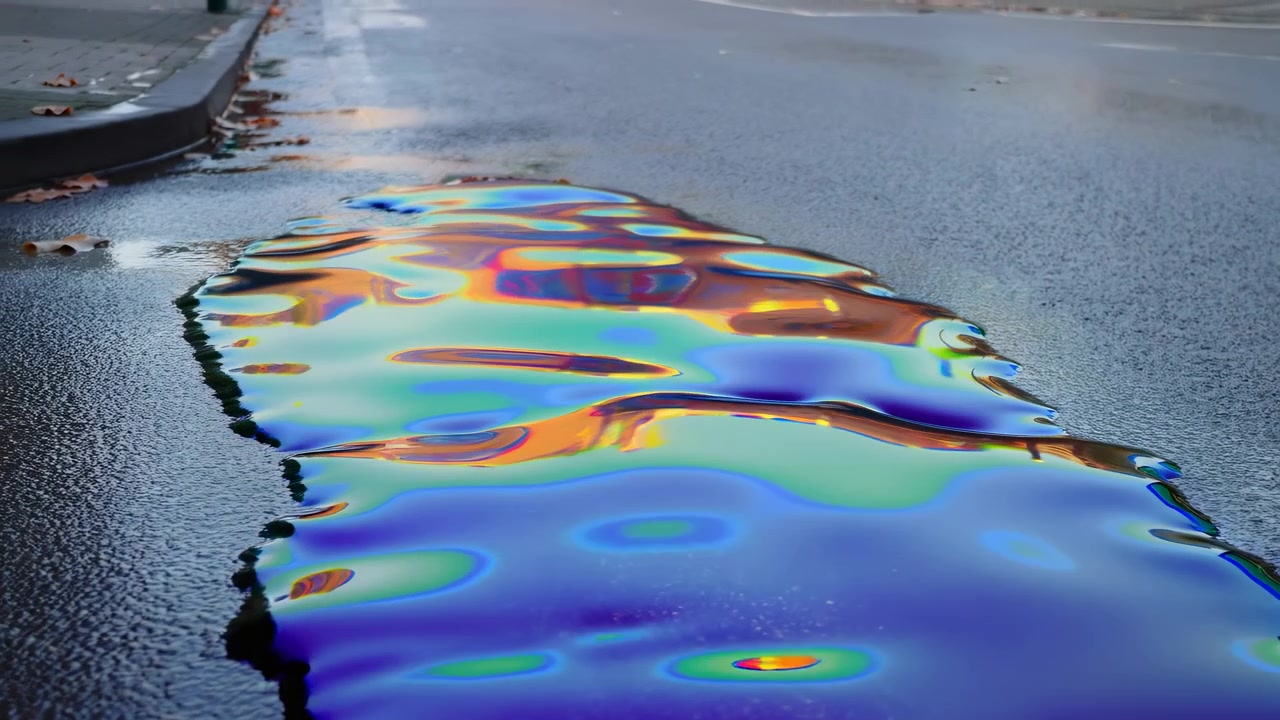 Early portion of the sequence shows a bright rainbow oil slick expanding diagonally across wet asphalt, with the main reflective spill in the lower foreground