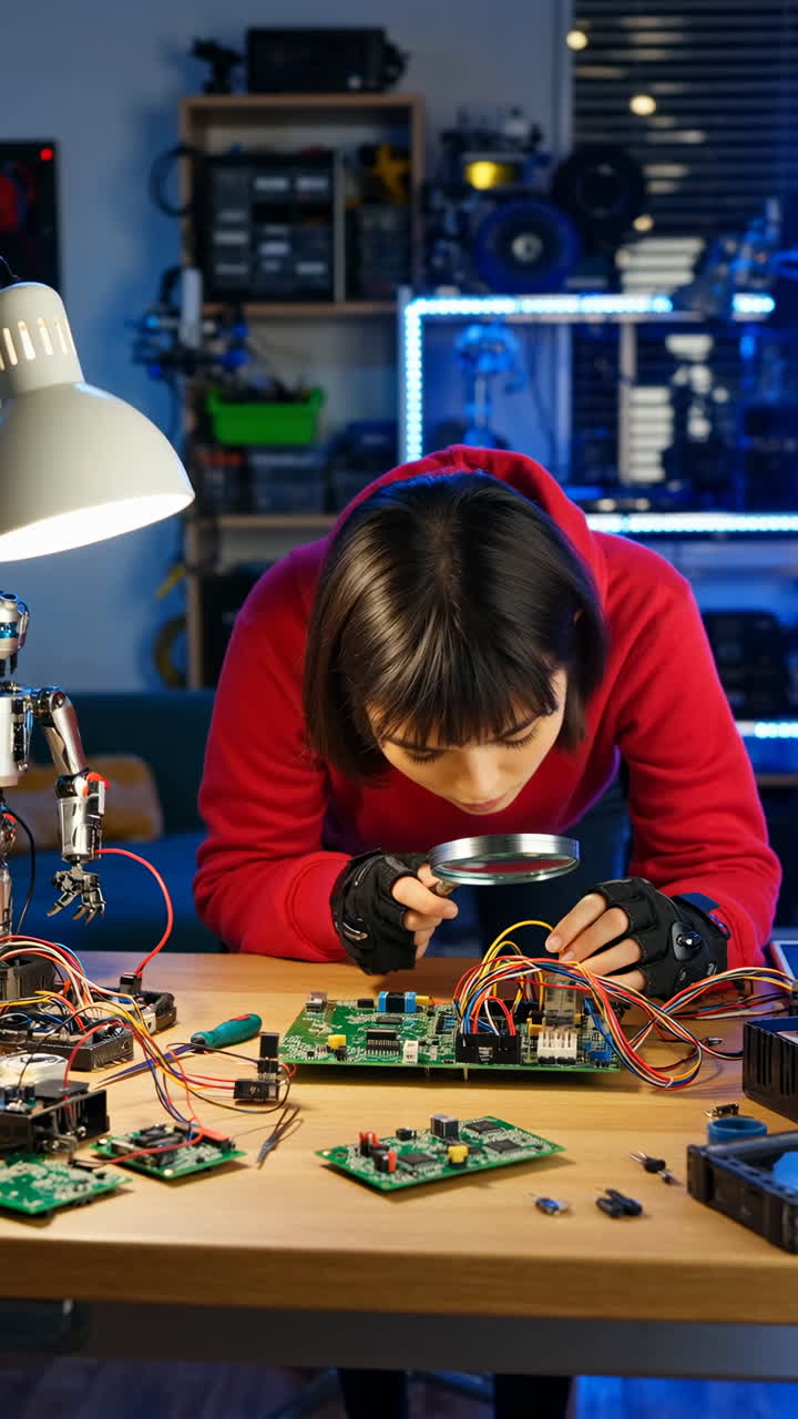 Young woman examining electronics with a magnifying glass in a tech workshop