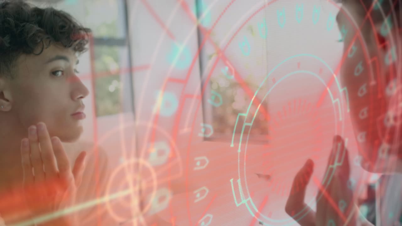 Man facing mirror, inspecting eyes and touching face for skin care, HUD pulsing over reflection