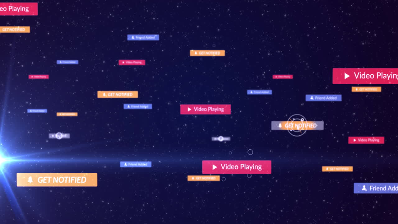 밤하늘의 다채로운 배너에 있는 소셜 미디어 아이콘과 텍스트 위의 커서의 애니메이션