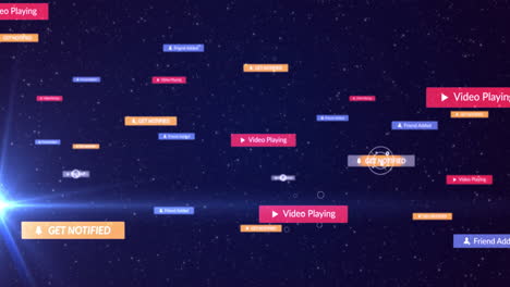 animation of cursors over social media icons and text on multi coloured banners on night sky