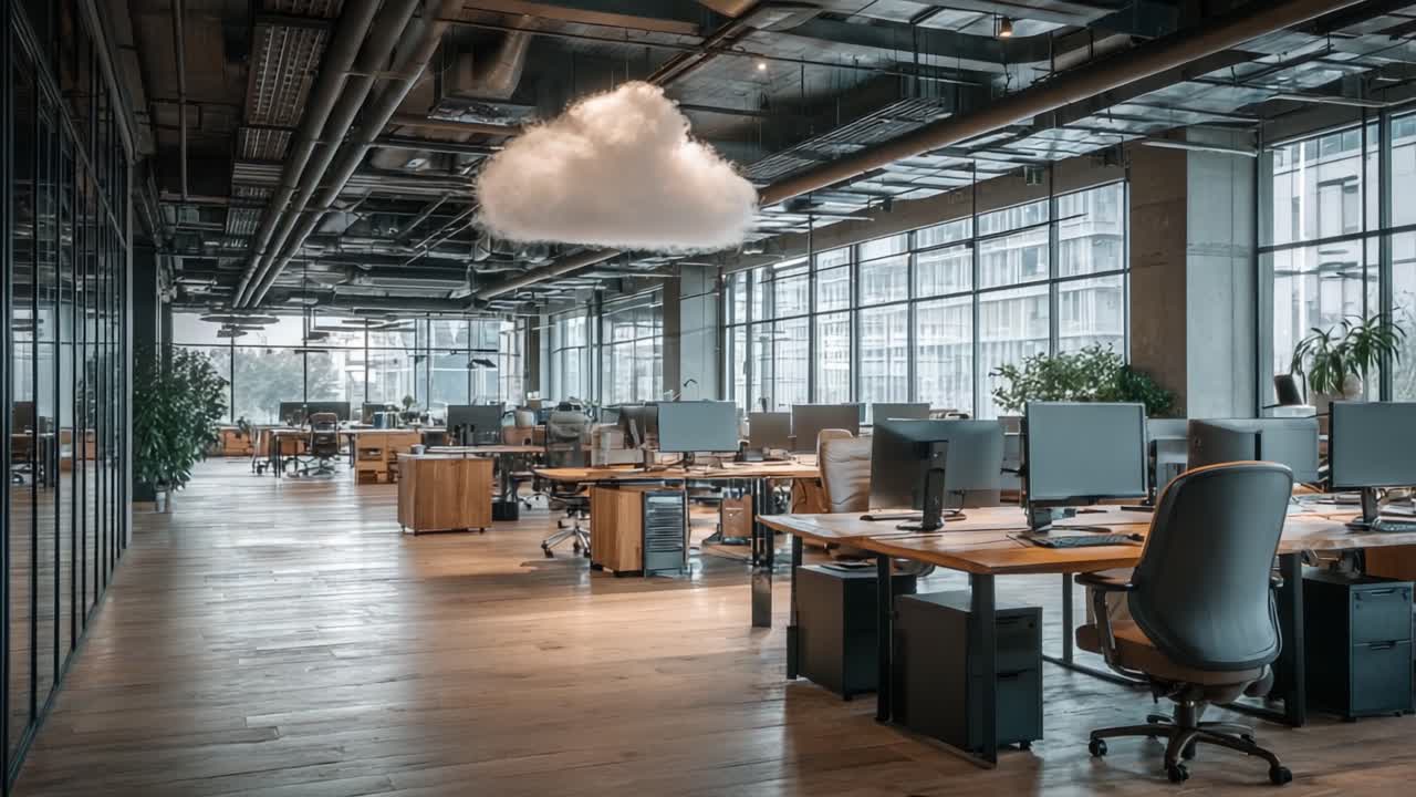 Modern Office Interior Featuring Unique Cloud Decoration, Blending Contemporary Design With Nature-Inspired Elements in a Spacious Workspace Environment